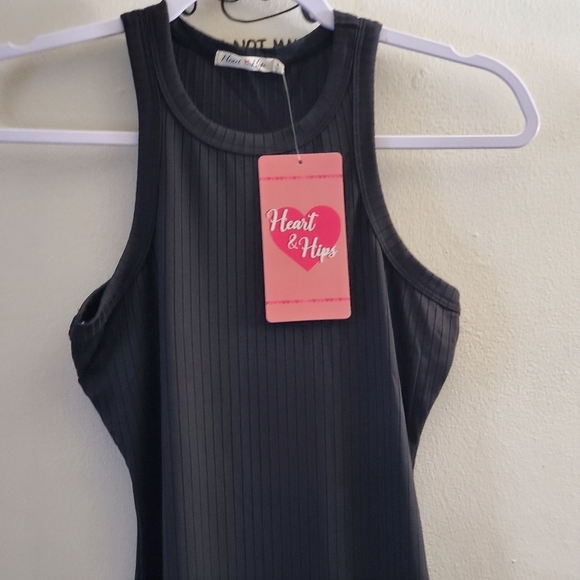 Black Ribbed Maxi Dress Ribbed Racerback Bodycon Dress Crew Neck Side Slit - Picture 2 of 8